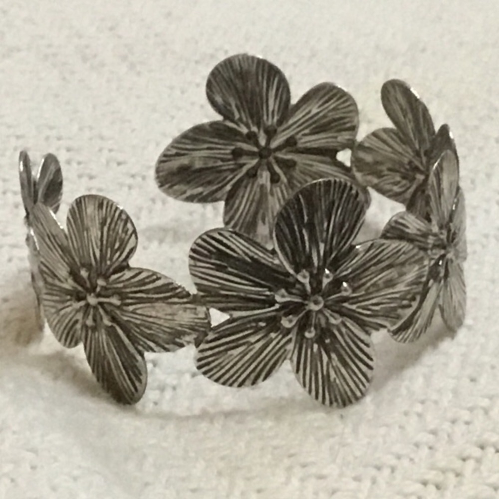 Antique Silver Flower Open Cuff Boho Bracelet